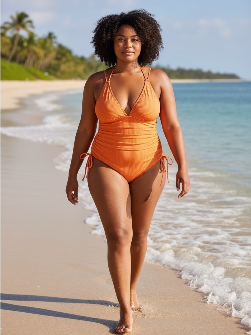 Orange Ribbed One-Piece Swimsuit - Plus Size